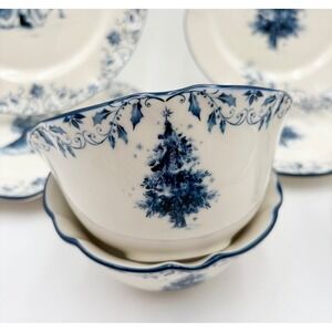 Blue White Christmas Tree Holiday Ceramic Bowls 16oz Scalloped Rim